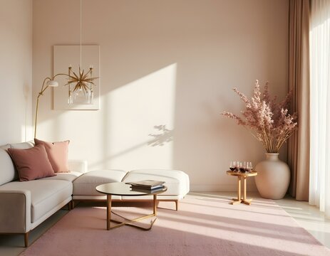 A pastels living room in a modern villa with bright lighting, showing cleaning. Style: luxurious.