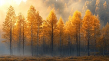 Fototapeta premium Golden Larch Trees in a Misty Autumn Forest