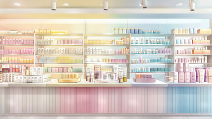 Digital art of modern boutique interior with pastel-colored cosmetics neatly arranged on shelves. Concept of luxury beauty products, organized display, retail design, soft inviting aesthetics