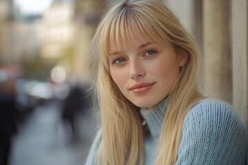Obraz premium Photograph of a blonde woman with long hair and bangs, posing on a street in Paris, wearing a pastel blue sweater, with natural lighting, looking at the camera, a close-up shot with a soft focus