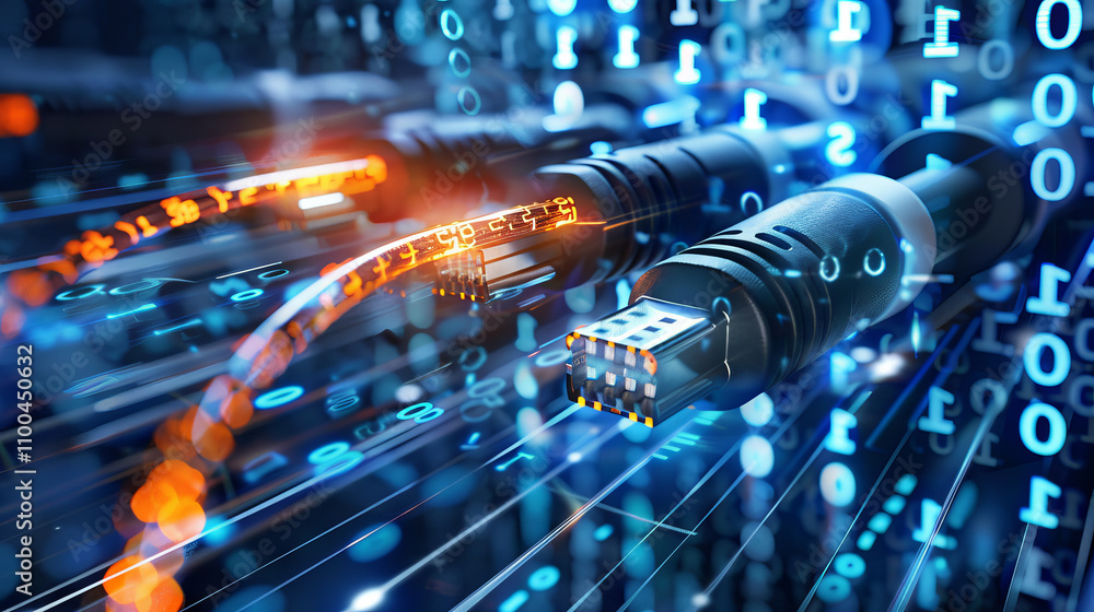Poster glowing internet cables with digital data stream background. concept of technology, connectivity, an
