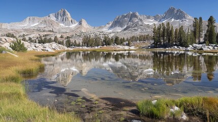 Fototapeta premium Serene lake reflecting majestic mountains amidst lush pine forests in tranquil nature setting