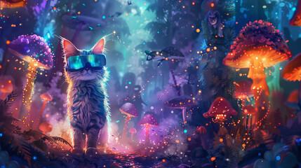 Fototapeta premium Enchanting watercolor illustration of persian cat wearing virtual reality headset in mystical forest with neon glowing mushrooms