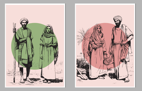 couple farmer with traditional clothing,creative freehand composition in contemporary abstract style with colorful geometric elements. Tempura design for print, canvas, poster
