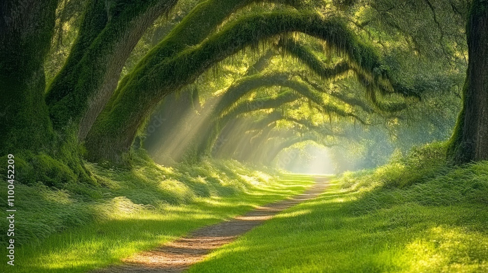 Poster sunlit path through moss draped trees in a lush green forest