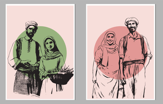 couple farmer with traditional clothing,creative freehand composition in contemporary abstract style with colorful geometric elements. Tempura design for print, canvas, poster