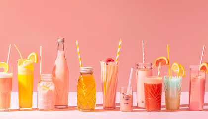 Glasses and bottles of different tasty smoothie with straws on pink background