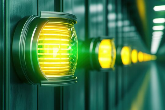 Bright yellow-green industrial indicator light on dark metallic background showcases technical design features - Powered by Adobe