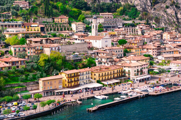 Historic Italian town of Limone Sul Garda on shore Lake Garda in Italy. Aerial view