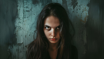 Fototapeta premium The wall in front of the girl as a concept of fear