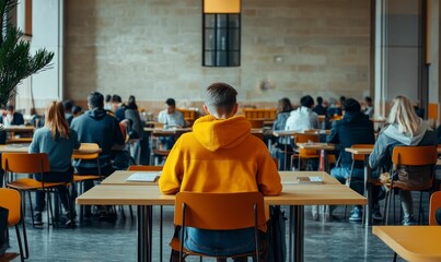 Student in yellow hoodie sits among classmates.