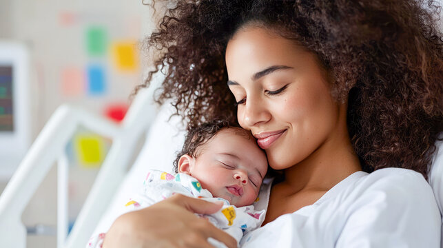 African female adult smiling while holding sleeping newborn in hospital room