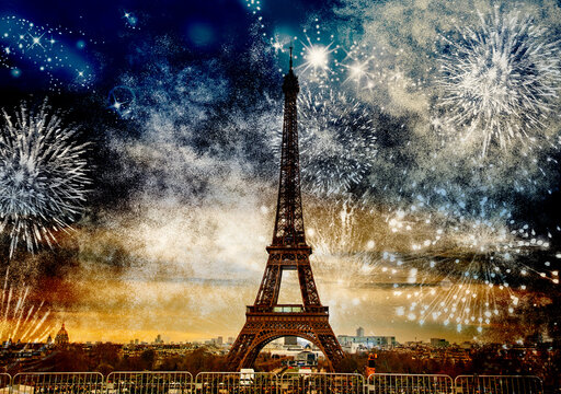 fireworks over the Eiffel tower New Year in Paris