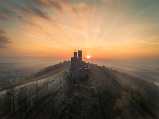 sunset over the medieval castle in chęciny