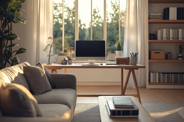 Fototapeta premium Cozy home office in living room. Modern desk with computer. Comfortable sofa nearby. Natural light streams through large windows. Minimalist decor. Perfect for remote work. Versatile space combining