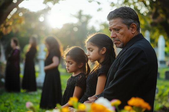 Hispanic family attending a funeral for a loved one, mourning their loss at a cemetery