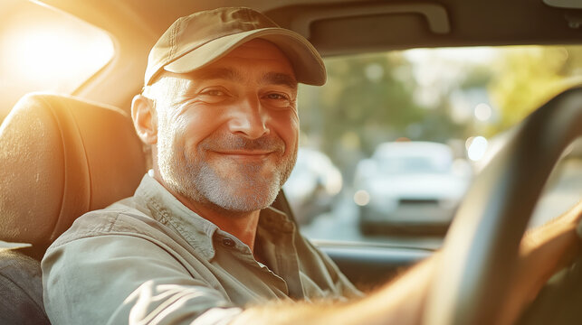 Cheerful mature man drives happily on a sunny day, enjoying freedom and relaxation on the open road