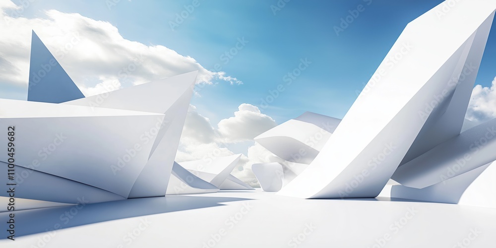 Poster surreal white minimal architecture scene with geometric shapes, abstract design. futuristic landmark