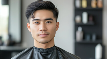 Young asian man sitting in a barber chair, wearing a cape, getting a haircut at a barbershop - a portrait