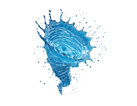 Liquid blue water spiral swirl splash with ice cubes in tornado pour flow, realistic vector background. Cold water or soda drink pouring swirl with spiral flow on transparent background