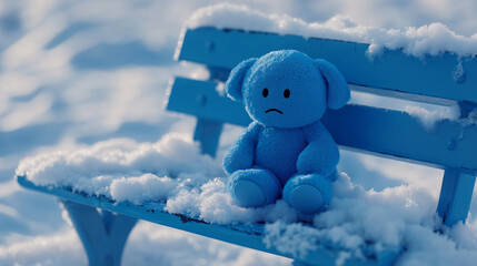 Sad blue teddy bear on a snow-covered bench, the concept of Blue Monday