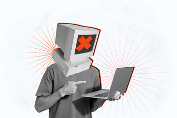 Composite trend artwork sketch image collage of silhouette young guy head computer monitor face...