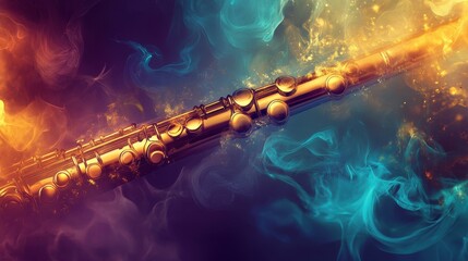 Obraz premium Metallic flute merges with liquid-like waves of turquoise and violet hues