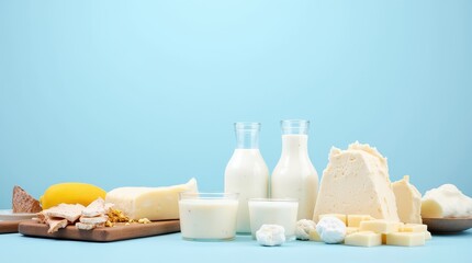Fresh Dairy Products on Blue Background