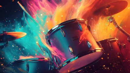 Vibrant orange teal and magenta drums dissolve into glowing fluid waves