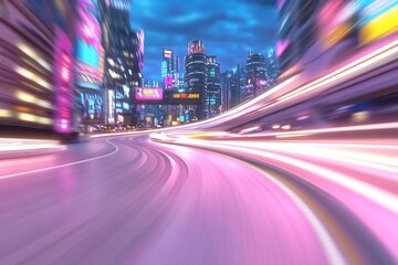 Fototapeta premium A vibrant cityscape with neon lights and blurred motion.
