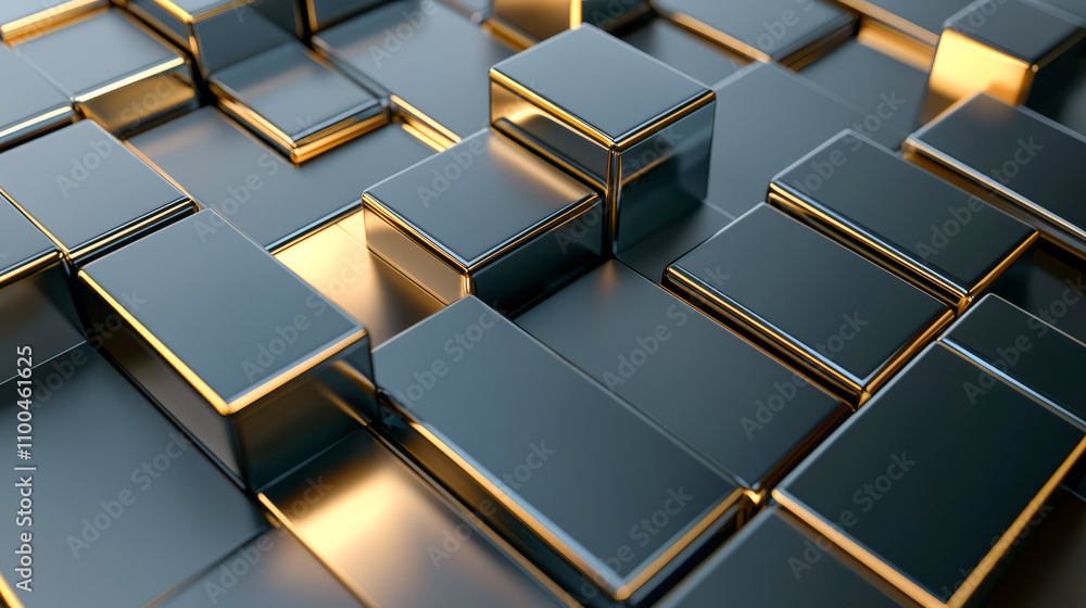 Poster metallic geometric blocks with golden highlights in abstract 3d design