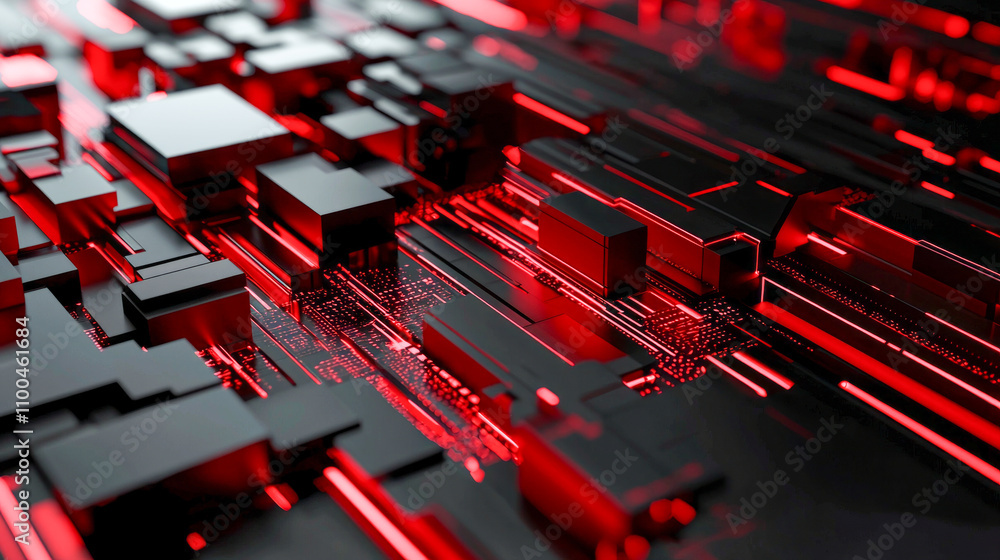 Poster futuristic landscape of red and black circuit blocks with glowing paths