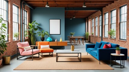 Vintage Industrial Living Room Wide Shot