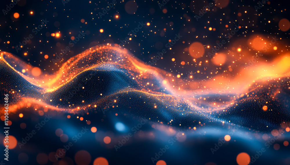 Poster glowing abstract waves with sparkling particles in a dark cosmic scene