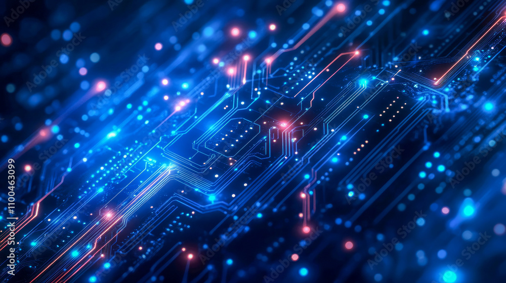 Aufkleber futuristic circuit board with blue and red glowing lights in high-tech setting