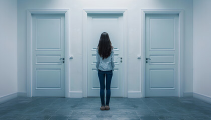 Fototapeta premium girl in front of three white doors in fear of an unknown choice