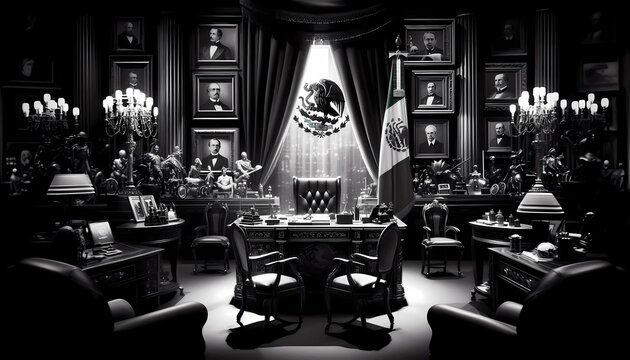 iper realisat photograph in black and white, of a desk, with a presidential chair in the background, the flag of Mexico during the Porfiriato created with generative AI