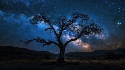 Majestic Lone Tree Under a Starry Sky with Milky Way in a Desert Landscape Nighttime View