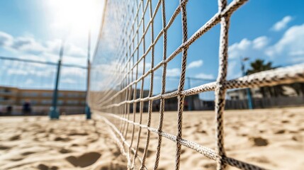 Obraz premium A beach volleyball court with a focus on the net, outdoor setting with sand court, Sunny style