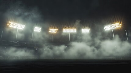 Naklejka premium A dramatic sports stadium illuminated by bright floodlights, shrouded in atmospheric fog.