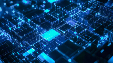 Futuristic blue digital cube network with glowing connections