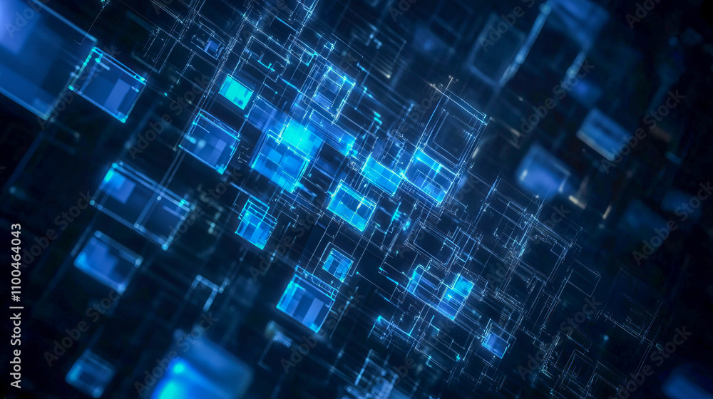 Poster futuristic blue digital grid with glowing cubes and complex network pattern