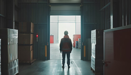 Fototapeta premium Young caucasian man in helmet, worker in warehouse transporting first palette through door to empty hall. Stock of Parcels with Products, transportation concept