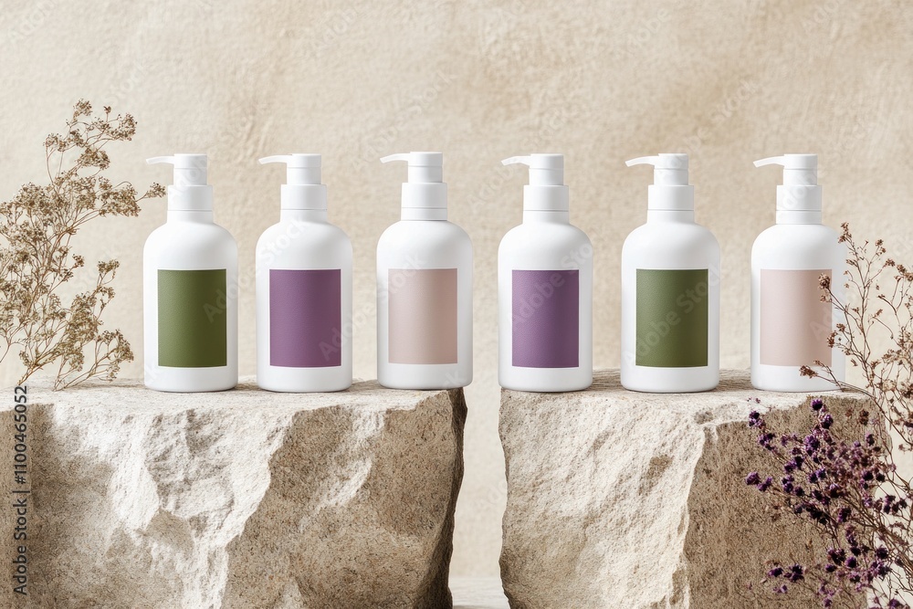 Poster Modern cosmetic packaging showcased on smooth stone surfaces with soft natural lighting