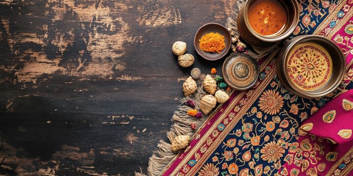 A flat-lay composition featuring traditional Sindhi cultural elements, including vibrant ajrak fabric, clay pots with intricate designs, spices, and decorative items on a rustic wooden background