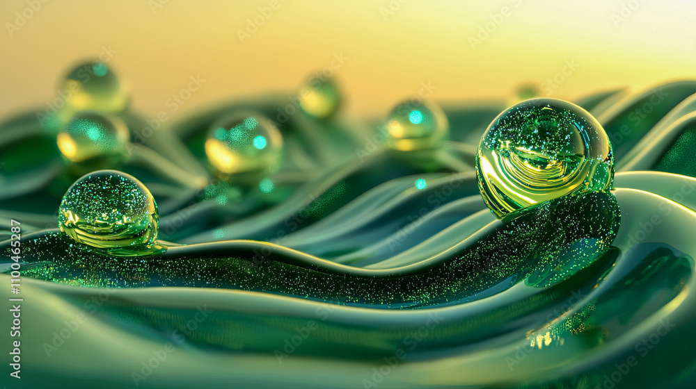 Poster glossy green bubbles on smooth abstract waves in soft light
