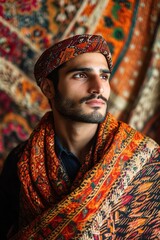 Obraz premium A portrait of a Sindhi man dressed in a vibrant ajrak shawl and traditional turban, with warm cultural patterns in the background highlighting his heritage