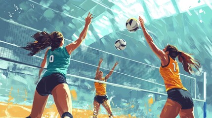 Two female volleyball players in action during an intense match, showcasing skill and teamwork.
