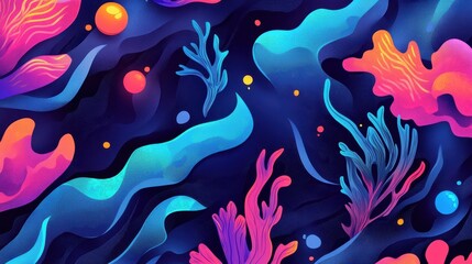 Comic-style floating seaweed sways in neon hues in a vibrant retro background