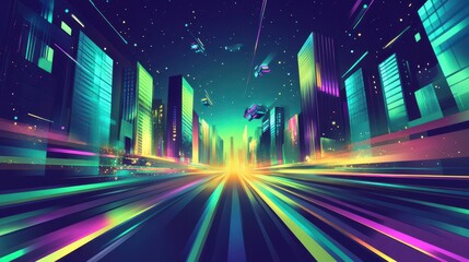 Obraz premium Bold retro wallpaper with neon buildings and glowing vehicles in motion